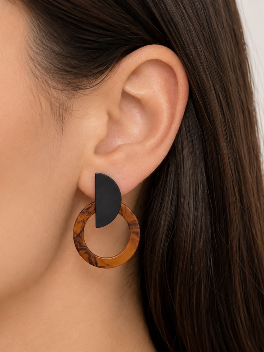 Anthropologie Wood Plastic Statement Hoop Earrings Brown Black Boho NWOT